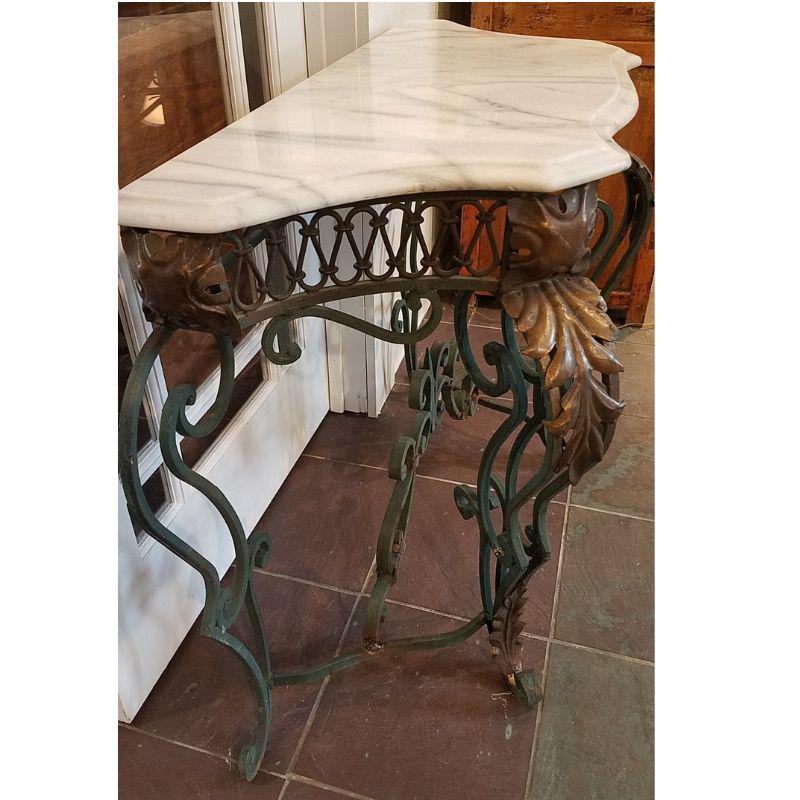 1920s Art Nouveau Painted Cast Metal, Wrought Iron Console Table With Marble Top