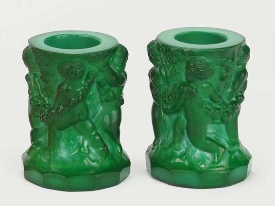 Pair of Malachite Glass Candleholders Pewaukee WI Antiques and Gifts